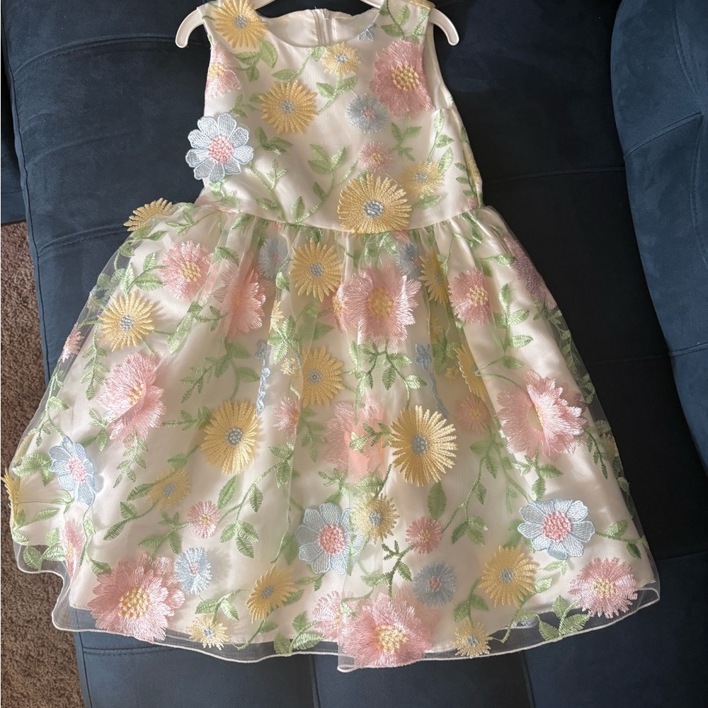 Girls Floral Embroidered Party Dress - Pastel Pink, Yellow, Blue